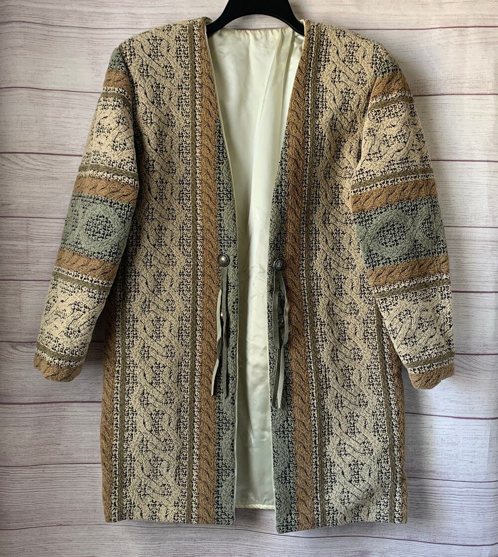 Dion Tapestry Open Front Jacket Decorative Button Tassels Western Boho Size S